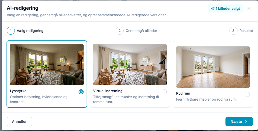 EstatePitch-dialog med valg mellem lysstyrke, virtuel indretning og rydning af et rum