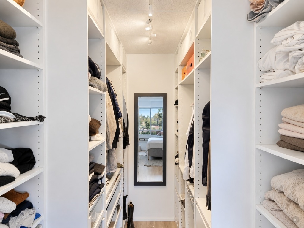 Optimeret billede af et walk-in-closet uden fotografen i spejlet