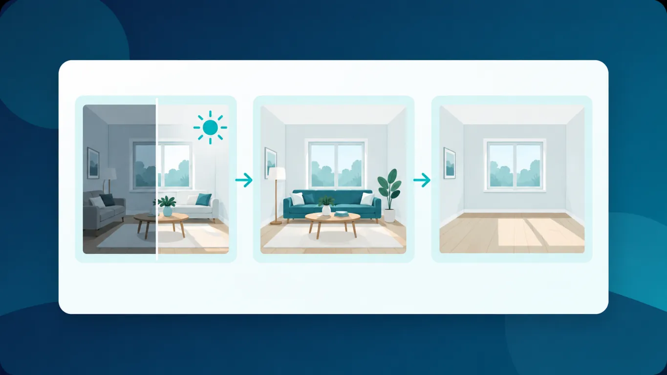 Illustration af billedoptimering, virtuel indretning og digital rydning af boligbilleder i EstatePitch.
