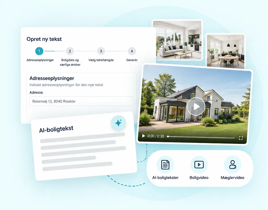 EstatePitch-oversigt med AI-boligtekster og boligvideo
